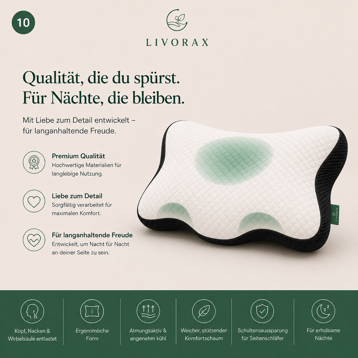 Livorax Ergonomisches Schlafkissen – Für Seiten- & Rückenschläfer