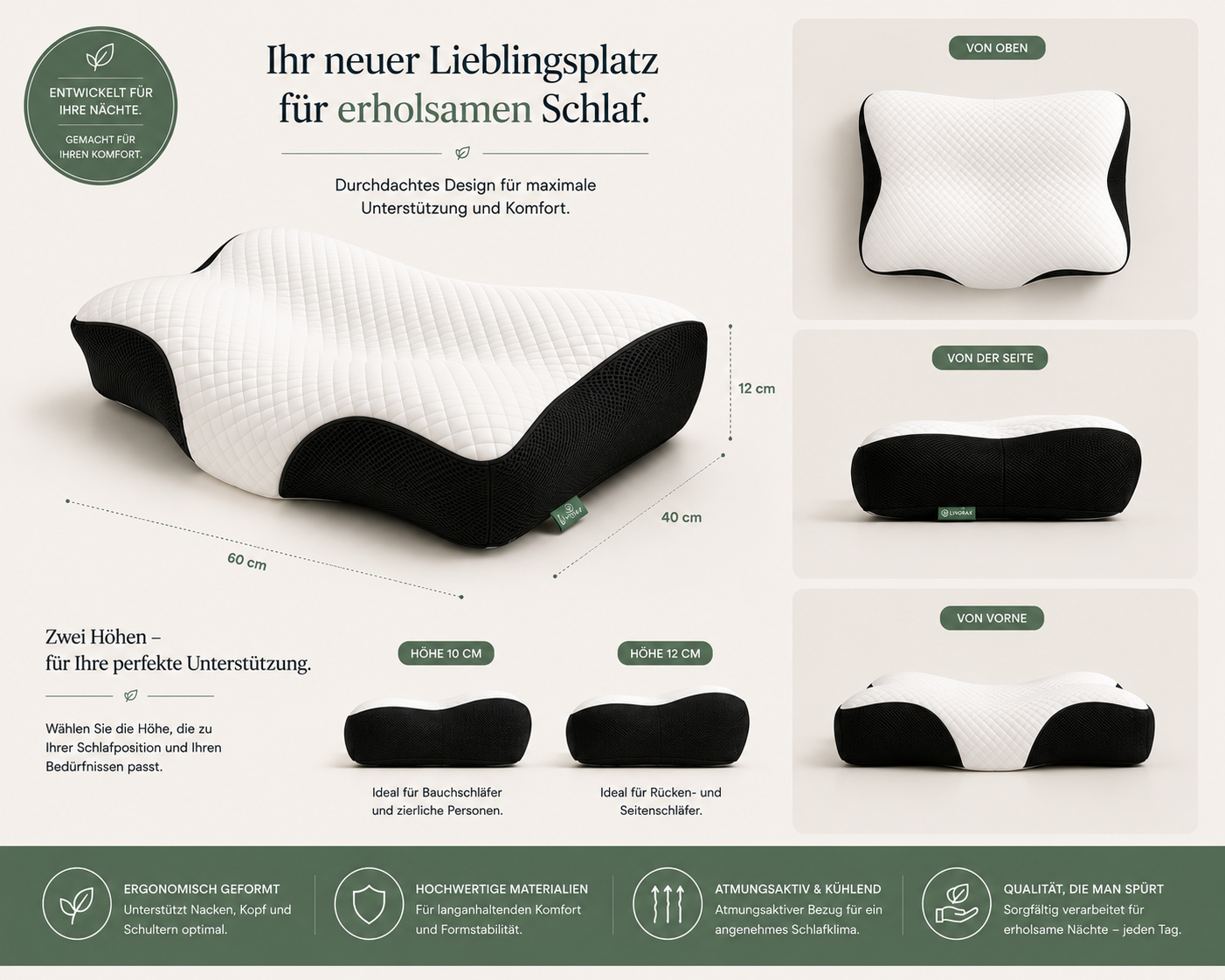 Livorax Ergonomisches Schlafkissen – Für Seiten- & Rückenschläfer