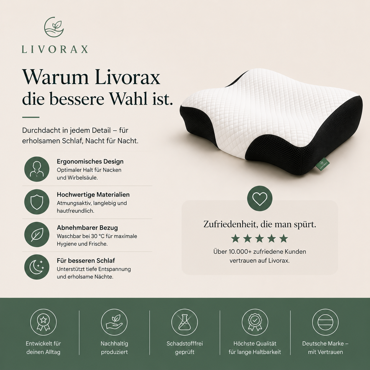 Livorax Ergonomisches Schlafkissen – Für Seiten- & Rückenschläfer