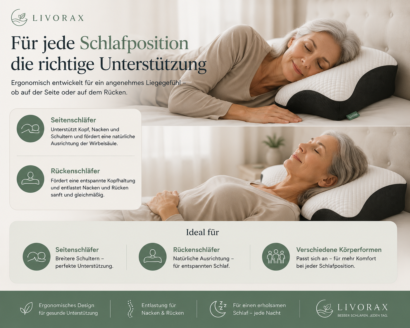 Livorax Ergonomisches Schlafkissen – Für Seiten- & Rückenschläfer