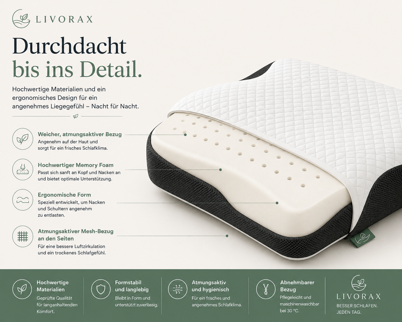 Livorax Ergonomisches Schlafkissen – Für Seiten- & Rückenschläfer