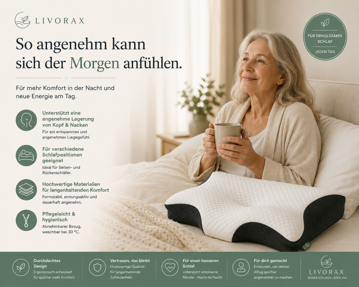Livorax Ergonomisches Schlafkissen – Für Seiten- & Rückenschläfer