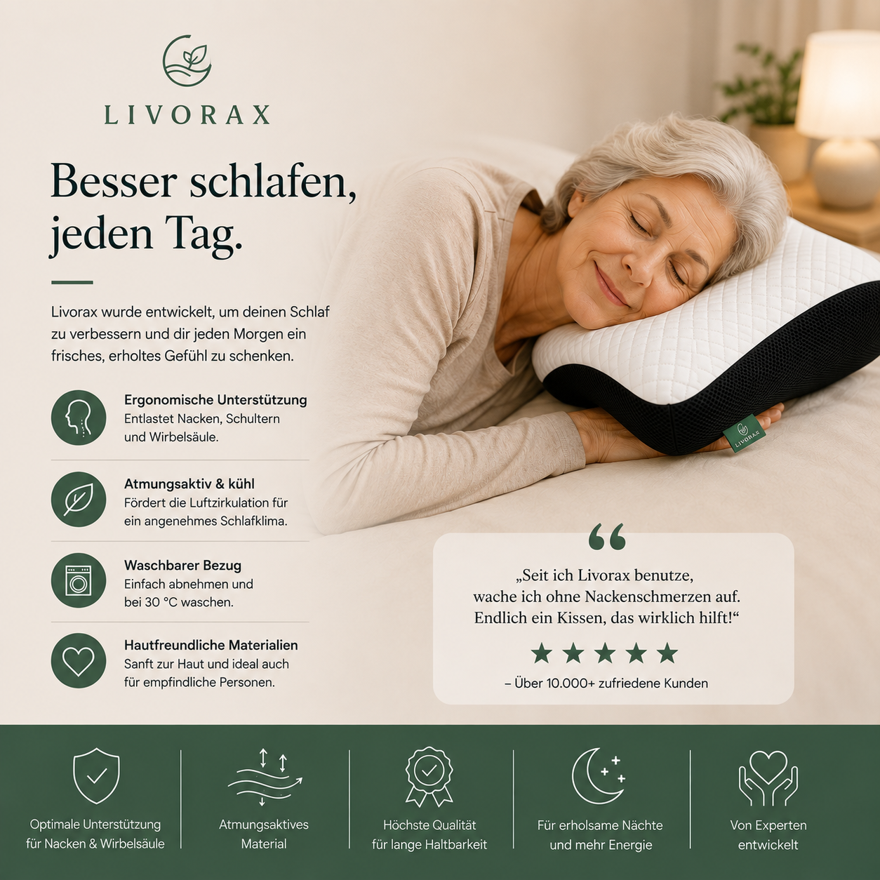 Livorax Ergonomisches Schlafkissen – Für Seiten- & Rückenschläfer