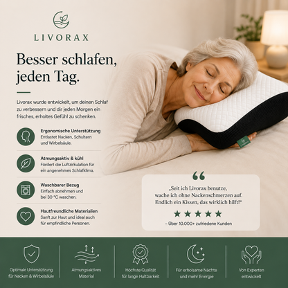 Livorax Ergonomisches Schlafkissen – Für Seiten- & Rückenschläfer
